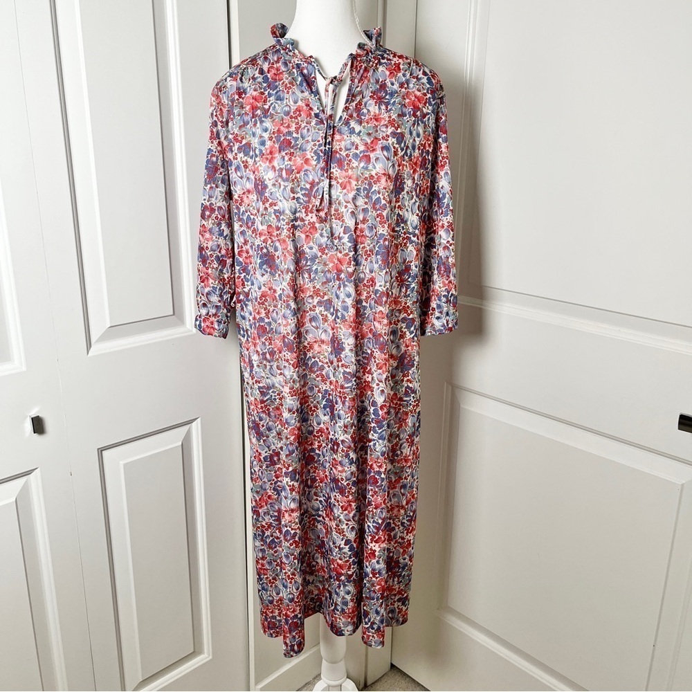 Vintage Floral Midi Dress with 3/4 Sleeves | Ruffled Collar & Waist Sash - Picture 6 of 15